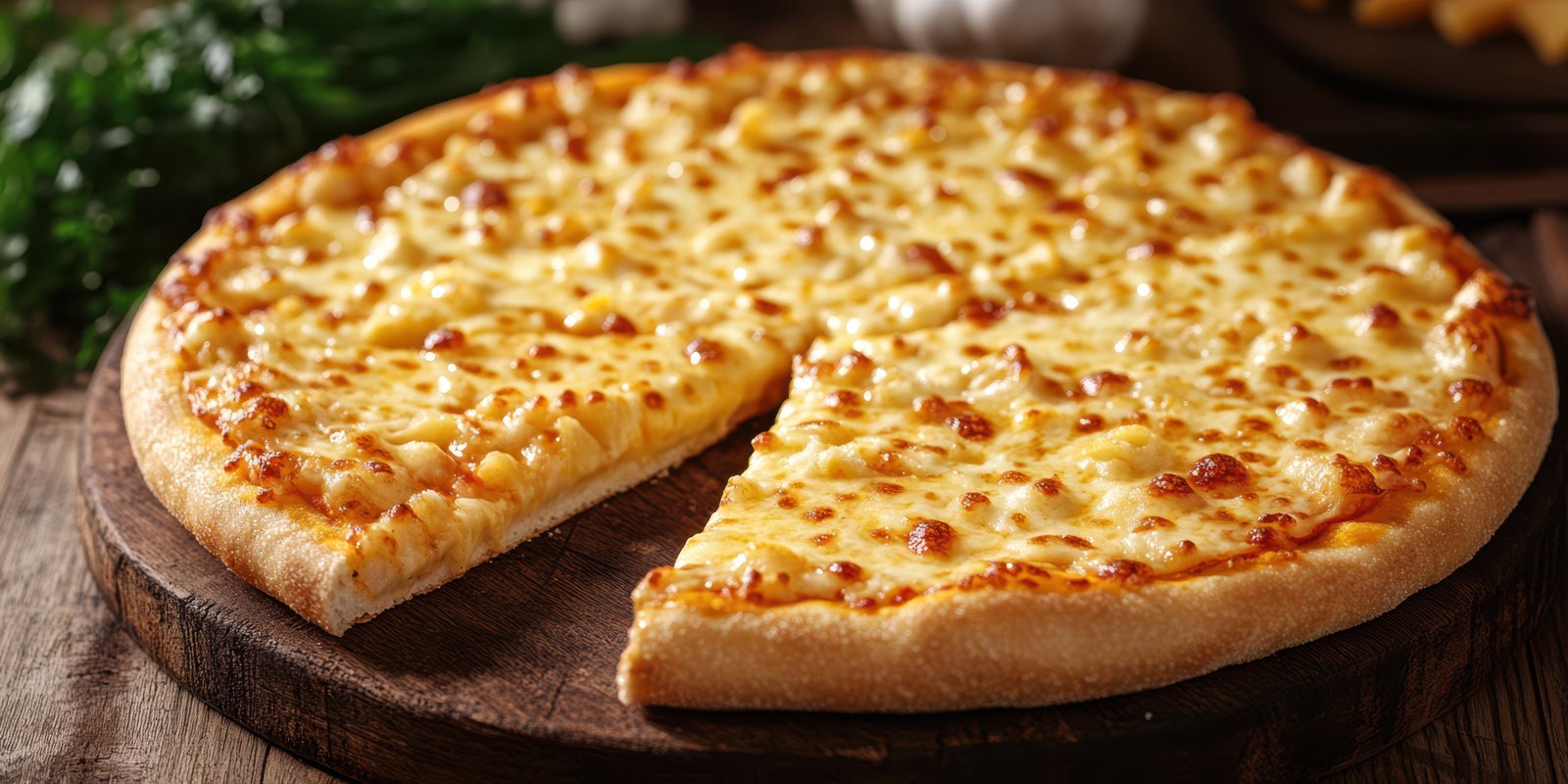 Cheese pizza on a wooden board with a slice removed showcasing melted cheese and golden crust in a cozy kitchen setting